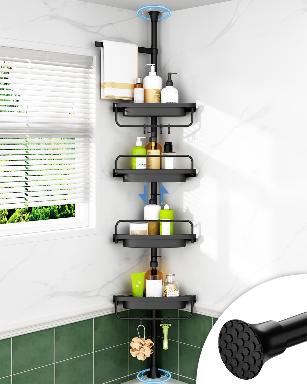 Photo 1 of **FOR PARTS ONLY** ALLZONE Corner Shower Caddy Tension Pole, Extendable Rustproof Stainless Steel Pole & 4-Tier Adjustable Shelves for Easy Drainage and Built-to-Last Stability, 34 to 116 Inch, Black