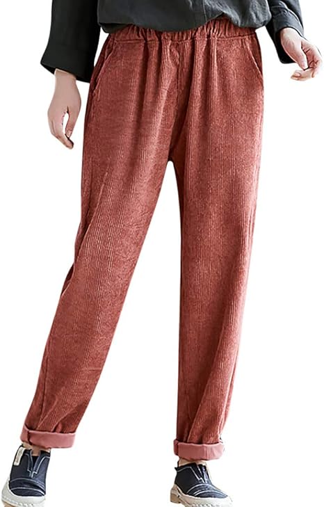 WUAI-Women Vintage Corduroy Pants Elastic Waist Straight Leg Rolled Up Harem Pants Plus Size at 