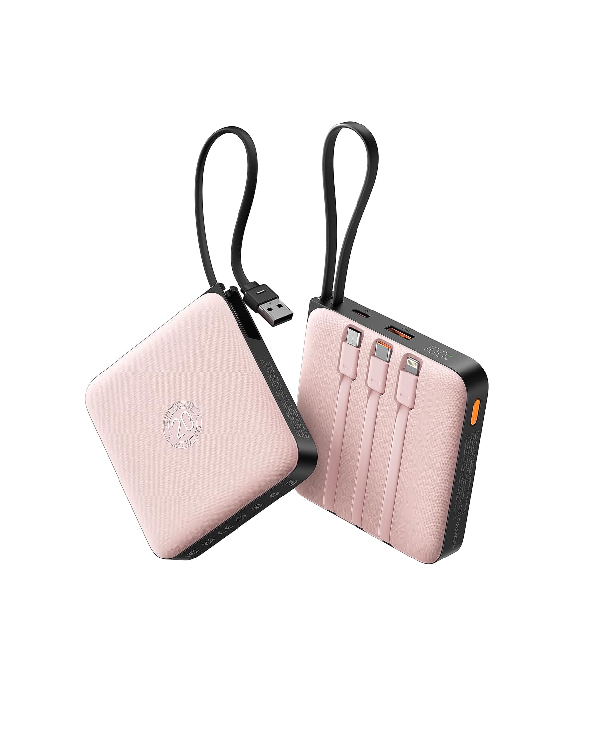 Coowisty Powerbank 22,5W Power Bank mit Kabel 20000mAh USB-C Schnellladung Klein Externe Handyakkus & LED-Display Mini Tragbares Ladegerät Kompatibel mit iPhone 17 16 15 Xiaomi Samsung iPad (Rosa)