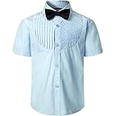 JOGAL Boys Short Sleeve Dress Shirts Kids Pleated Tuxedo Shirt with Bow Tie for 6-14 Years Old