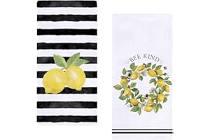 Set of 2 Watercolor Stripes Lemon Kitchen Dish Towel 18 x 28 Inch, Seasonal Spring Summer Lemon Wreath Tea Towels Dish Cloth 