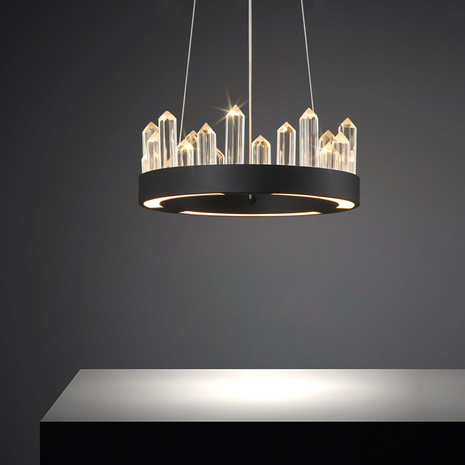 Photo 1 of zhllmq Modern Black Crystal Chandelier with Remote Control 12-inch Hanging Chandelier LED Ceiling Light Fixture for Dining Room Kitchen Island Living Room Foyer Entryway
