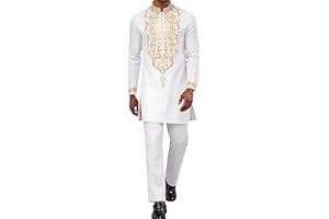 Mens African 2 Piece Set Half Zipper Nigerian Dashiki Metallic Shirt and Pants Outfit Gold Stamp Long Traditional Suit