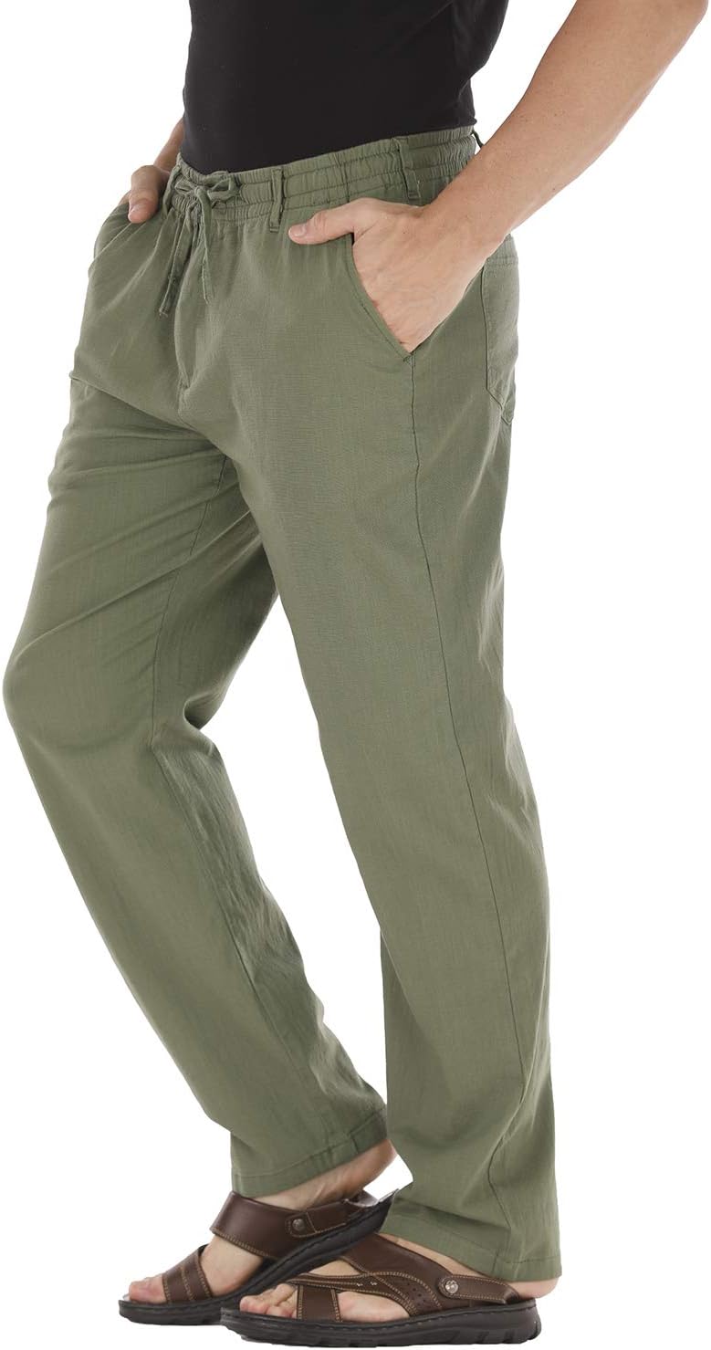 Durzasvo Men's Linen Casual Stretch Drawstring Pant Summer Lightweight Elestic Waist Beach Trousers