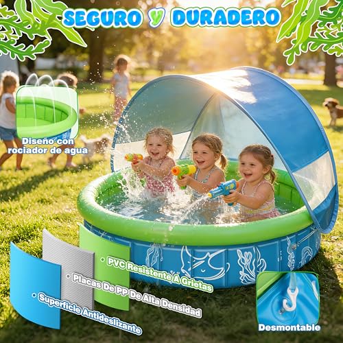colmanda Piscina para Bebé 4-en-1 Pop Up, 100x30 cm Piscina de Bolas Bebe con Chorros de Agua, Tienda de Playa Bebé con Techo y Mosquitera, Protección UV SPF50+, Portátil para Jardín