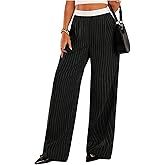WDIRARA Women's Striped Straight Leg Pants Dressy Elastic Waist Long Trousers