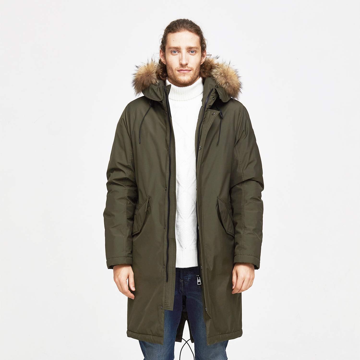 TIGER FORCE Winter Parka City Jackets for Men Business Coat Hooded with Real Fur Trim Insulated Waterproof Snow Jacket Green: Clothing