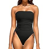 Yonique Women Strapless One Piece Swimsuit Tummy Control Bandeau Bathing Suit Cheeky Swimwear