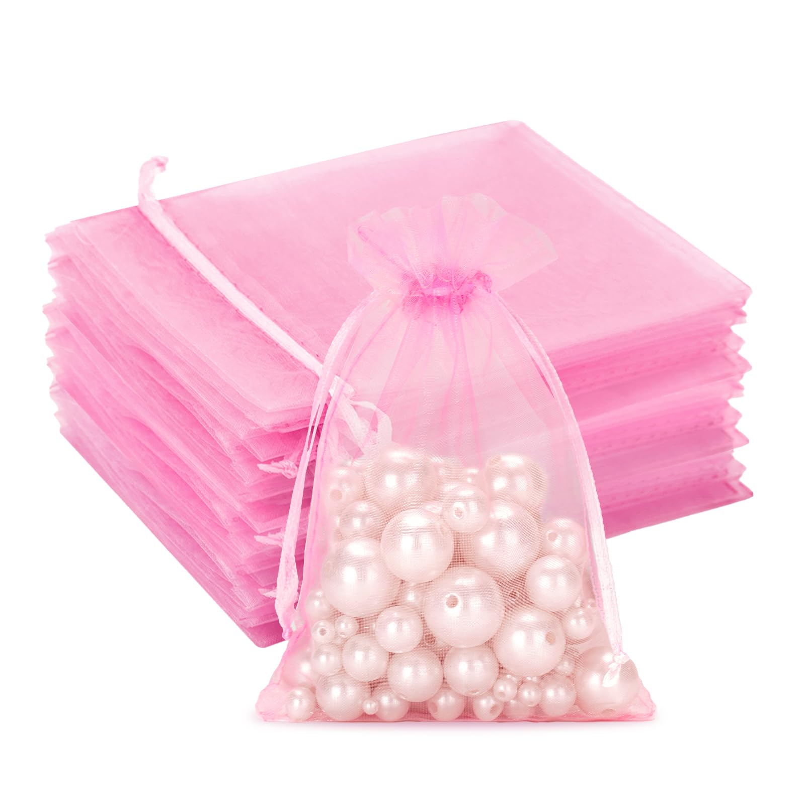 G2PLUS Pink Organza Gift Pouches, 10x15 CM Medium Organza Favour Bags, 100 PCS Wedding Jewelry Bags, Clear Mesh Pouches Perfect for Wedding, Christmas, Birthday, Anniversary