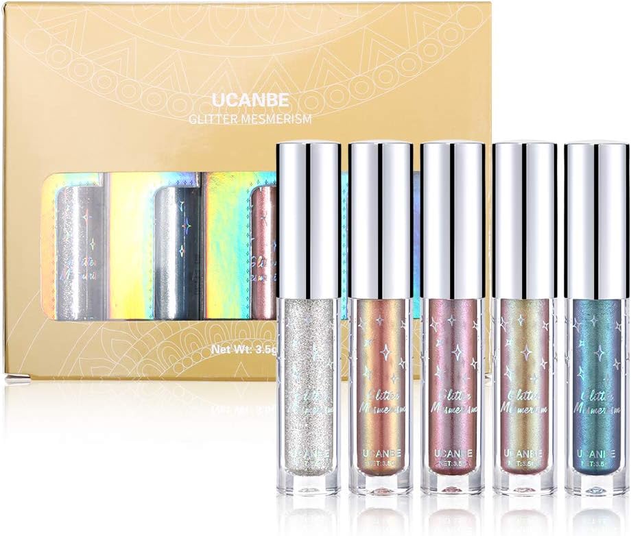 UCANBE Liquid Glitter Eyeshadow Shimmer Metallic Eyeshadow Pigment Waterproof Sparking Eyeliner Eye Shadow Face Lips Party Festival Eye Makeup Cosmetics (Set of 5)