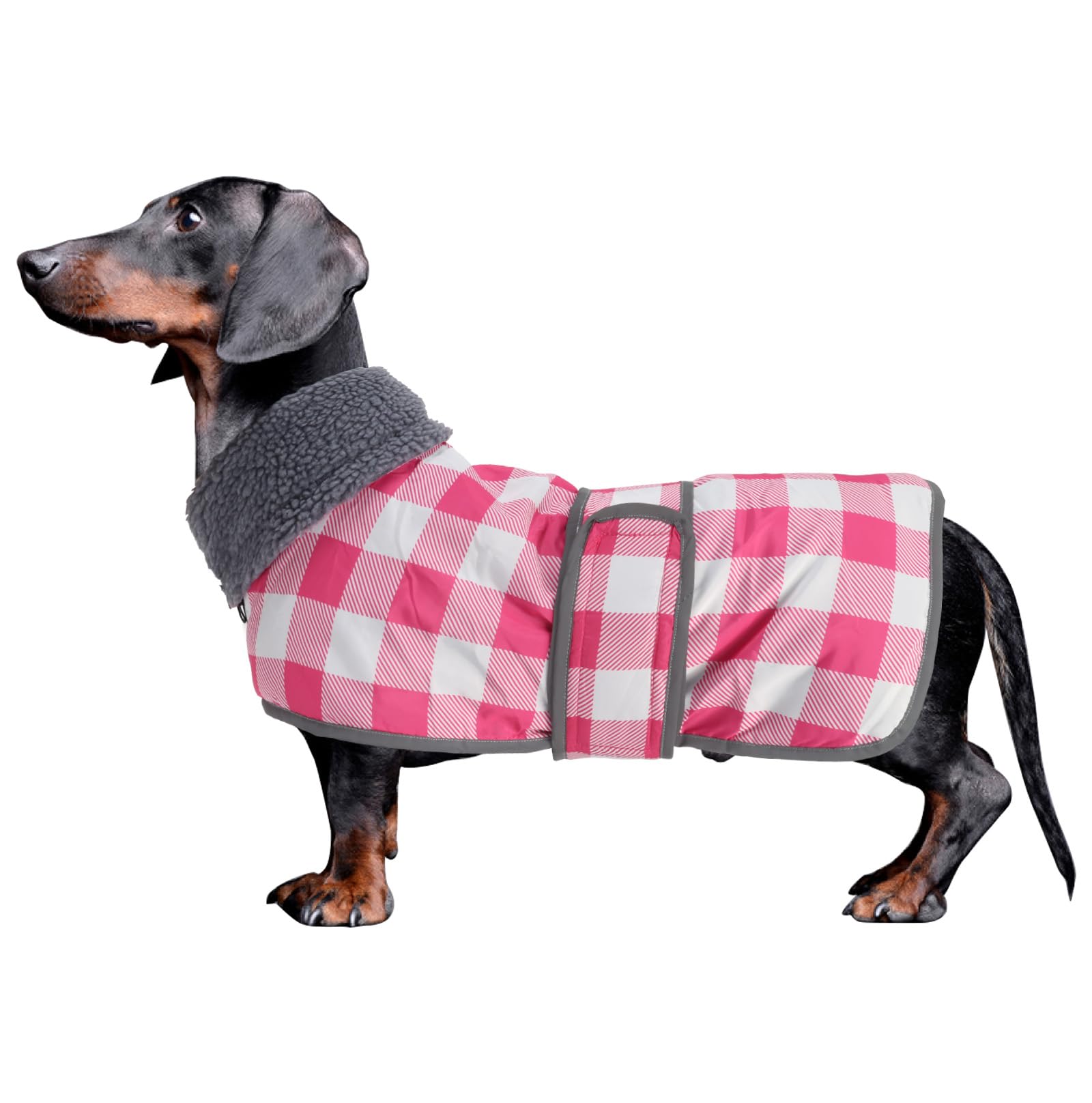 Photo 1 of Geyecete Dachshund Winter Coat Grid Waterproof Dog Coats Quilted Dog Jacket Thermal Coat,with Warm Flannel Lining Outdoor-Pink-L