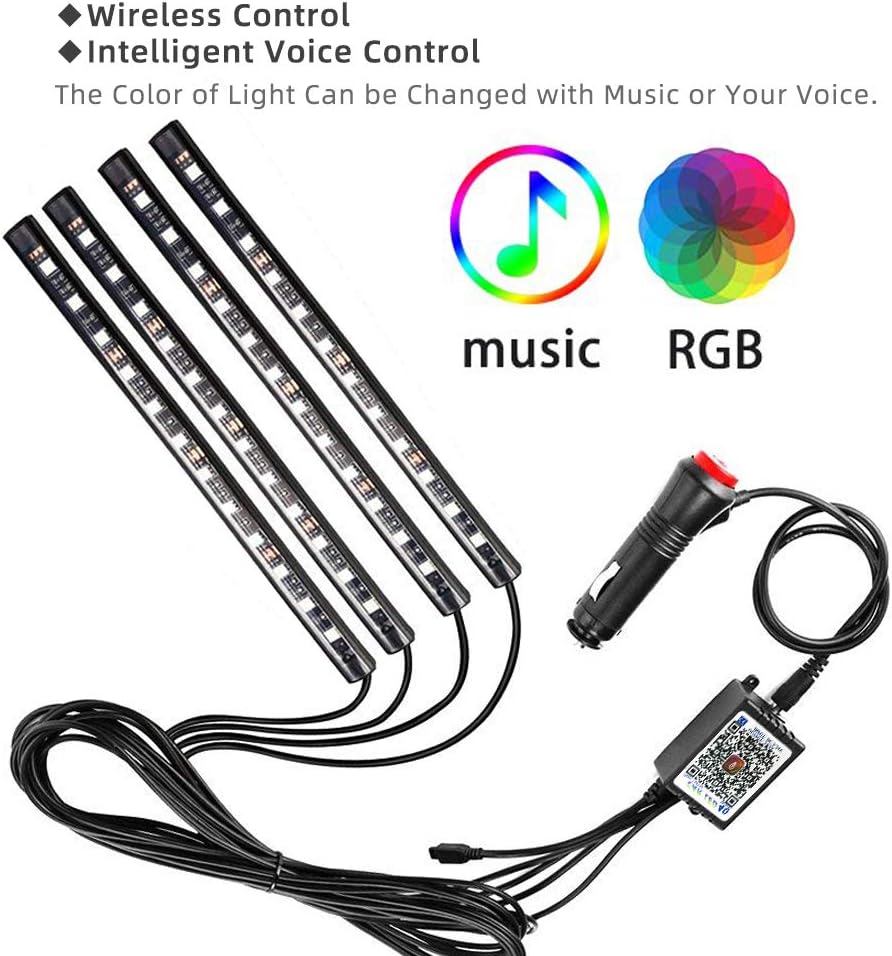 Car Interior Lights, Caferria Car LED Strip Light 4pcs 48 LED App Controller Waterproof Multi DIY Color Music Under Dash Car Lighting Kits with Sound Active Function for Smart Phone, Car Charger DC 12: Car Electronics