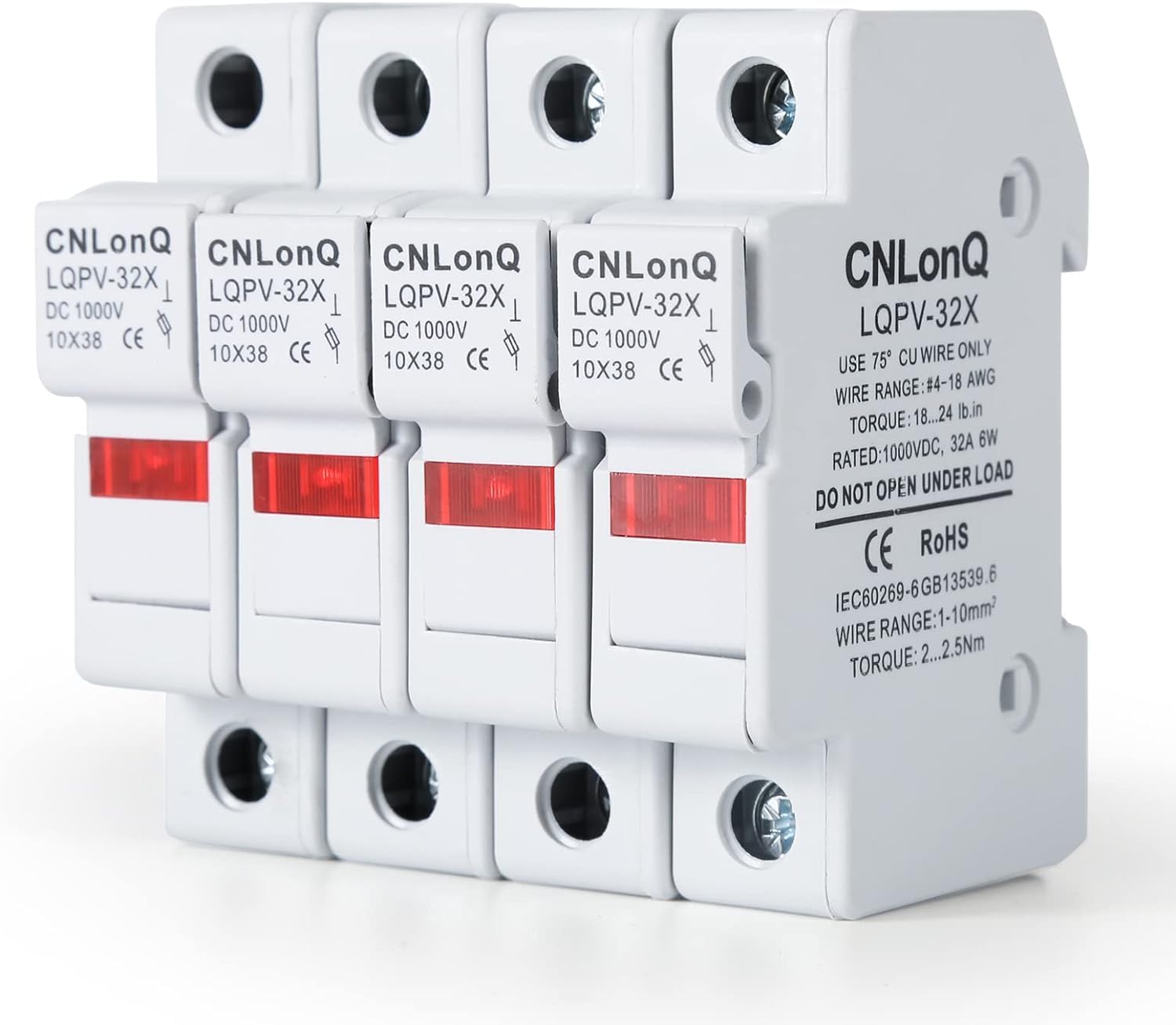 DEWIN Solar PV Fuse Holder, Solar/Photovoltaic Fuse Holder 4pcs Fuse Base With Light RT18-32X 1P DC1000V 10x38mm DIN Rail Mounting