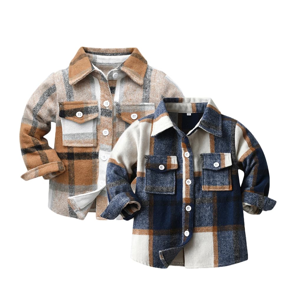 Photo 1 of Feidoog Toddler 2 Pack Baby Boys and Girls Plaid Shirts Jacket Long Sleeve Lapel Button Down Top Outwear Clothes,Dark Blue+Brown,4-5T