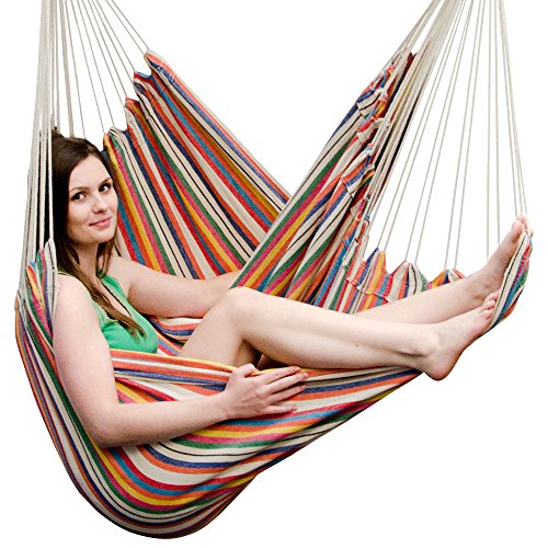 Eyepower XXL Hängesessel 185x130cm Hängestuhl bis 150 kg Baumwolle Hängesitz 2 Personen Hängematte Hängeschaukel Bunte Streifen – Bild 3