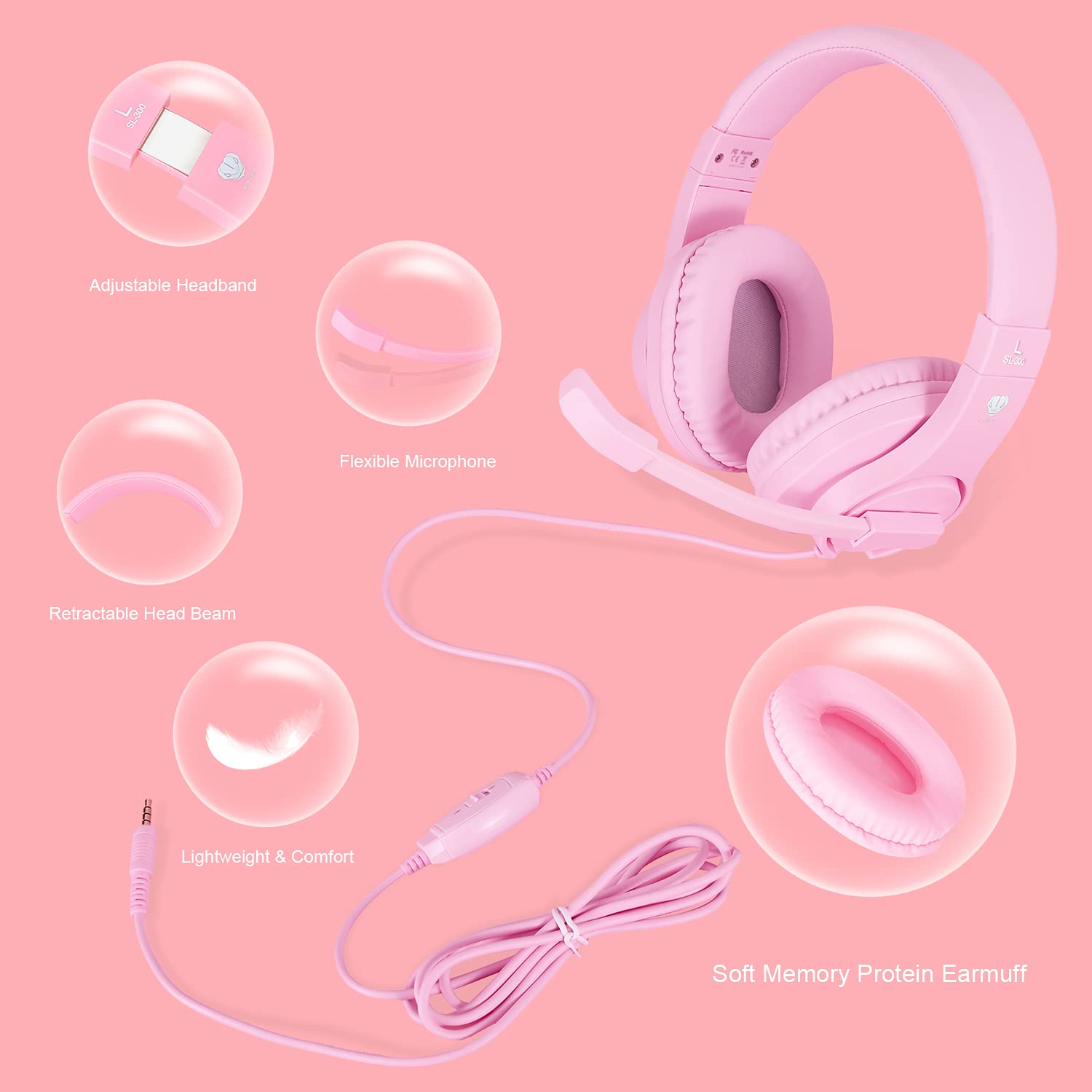 Gaming Headset for PS5, PS4, Xbox, PC & Nintendo Switch - Kids Headphones with Mic for School Supplies - Wired Pink Headphones