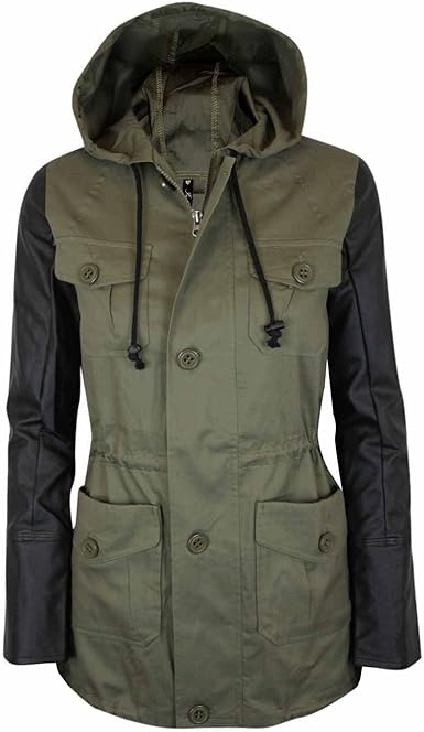 womens denim jacket with faux leather sleeves