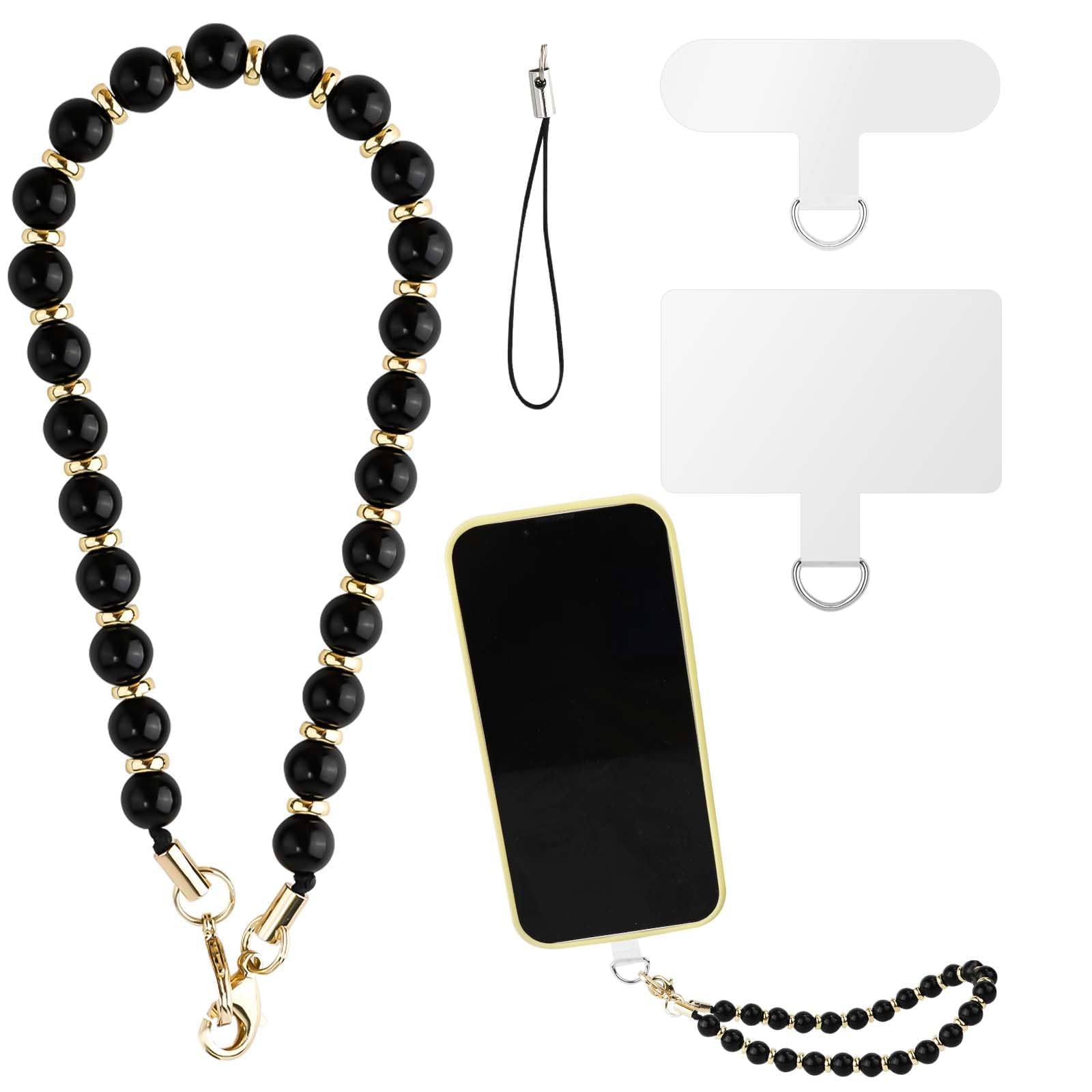 LUTER Stone Beaded Phone Lanyard With 2pcs Tether Tabs, Detachable Bracelet Wrist Strap Chain for Women Girls (Black)