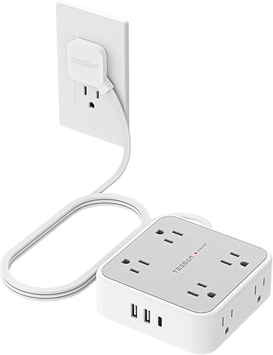 TESSAN Surge Protector Power Strip, 5 Ft Flat Plug Extension Cord with 3 USB (1 USB C) 8 Outlets, 900J Protection, 3 Sided Outlet Extender with Power Switch for Office, Dorm Room, Grey