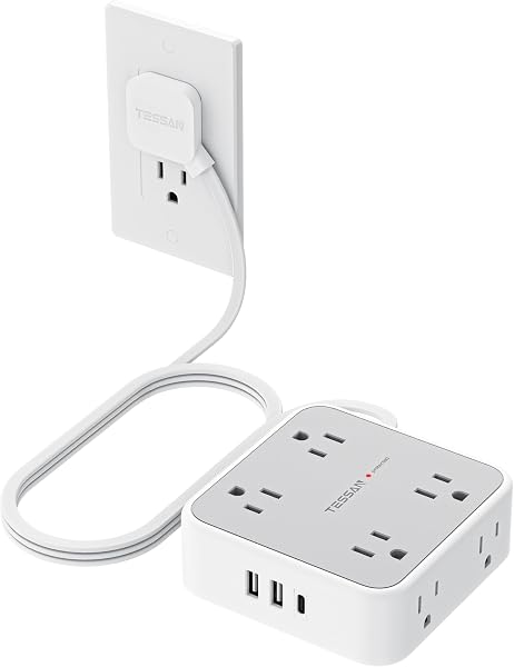 TESSAN Surge Protector Power Strip with 900J Surge Protection, 5 Ft, Grey | 8 AC with 3 USB Ports (1 USB C), Flat Plug Extens