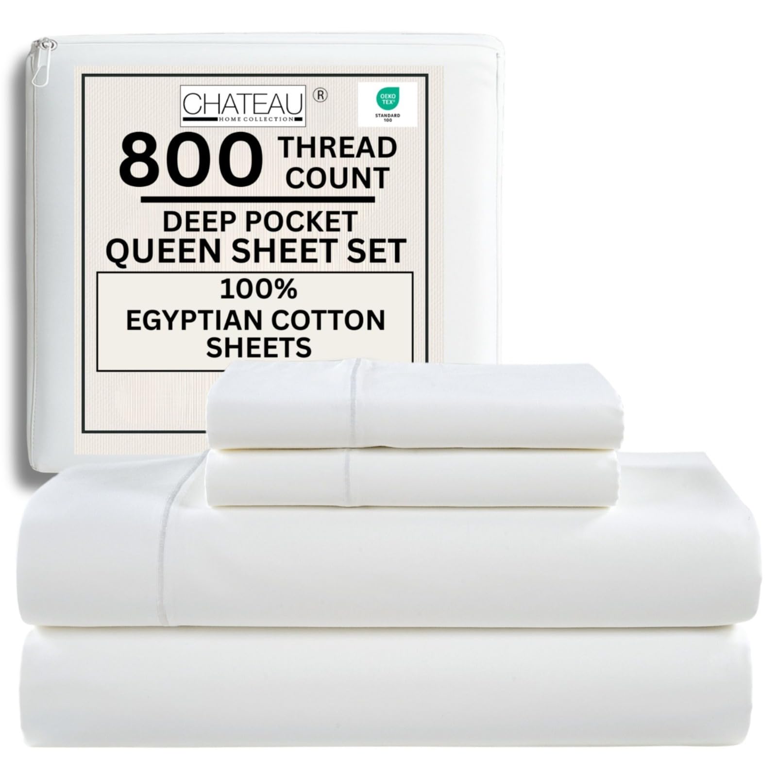 CHATEAU HOME COLLECTION Queen Size Bed Sheets, 800 Thread Count Egyptian Cotton, 4 Piece Set, White
