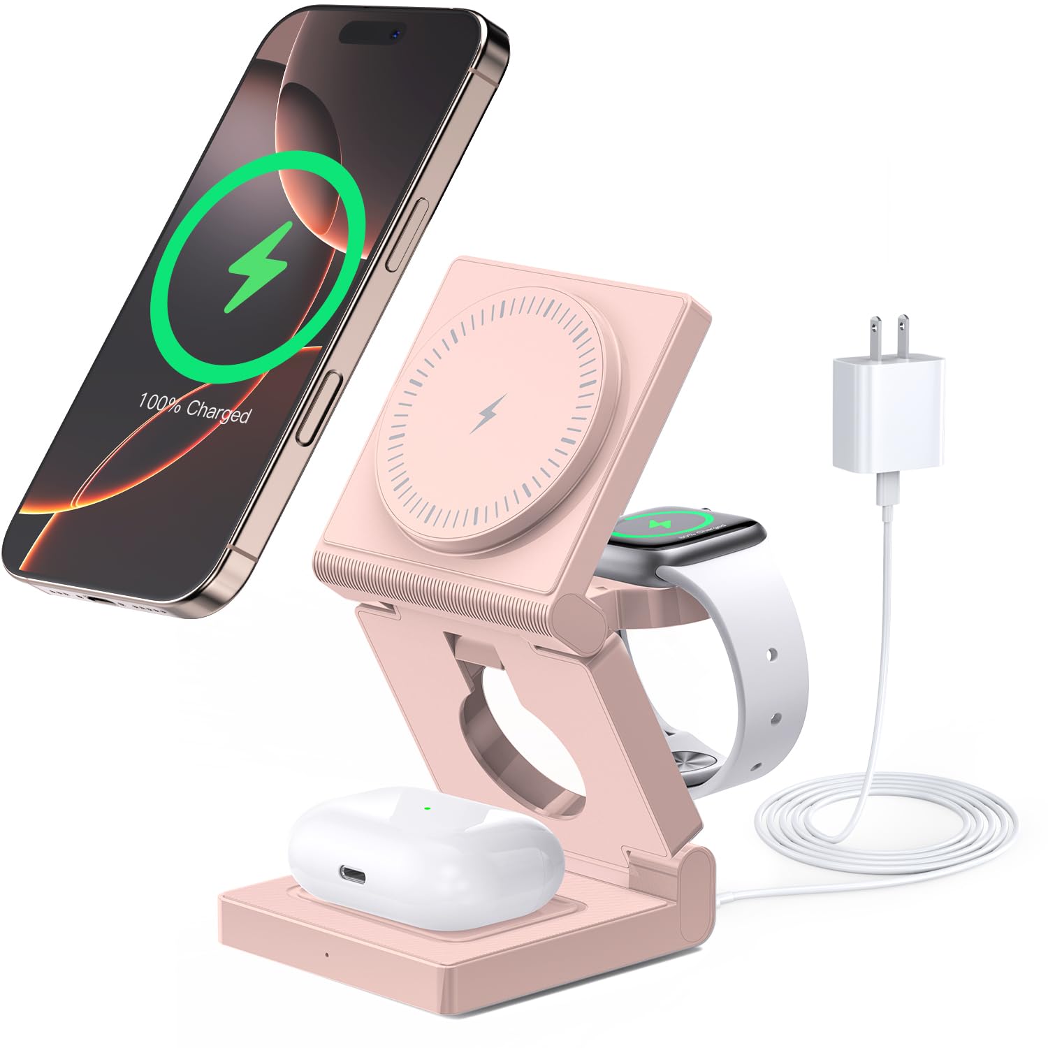3 in 1 Wireless Charging Station for Apple Multple Devices - Foldable Magnetic Wireless Charger Dock -Travel 18W Charging Pad for iPhone 16 15 14 13 12 Pro/Pro Max/Plus/Watch & Airpods All Series Red