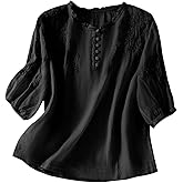 qvdvap Women's Cotton Linen Blouse Embroidered Puff 3/4 Sleeve Tops Casual Loose Fit Henley Neck Summer Shirts