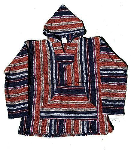 Unisex Jerga/ Baja/ Mexican Blanket Woven Hoodie Hooded Poncho Jacket (X-Large, RustNavyGoldPinkRedWhiteBlue-303)