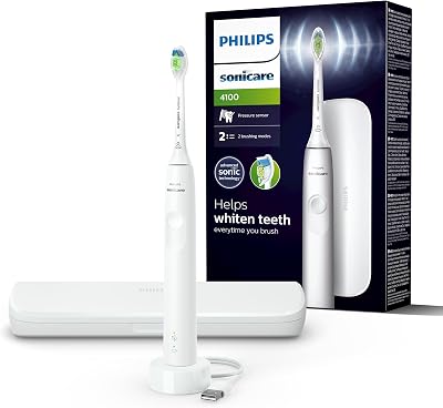 Sonicare 4100 - brosse à dents électrique pour adultes avec 1 tête de brosse à dents Philips W2 Optimal White blanche, coffret de voyage fin et chargeur USB (modèle HX3683/33)