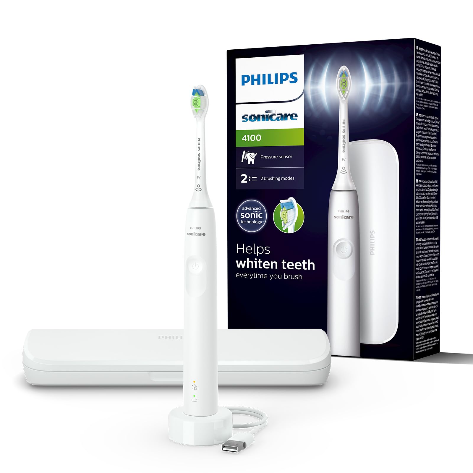 Philips Sonicare 4100 - brosse à dents électrique pour adultes avec 1 tête de brosse à dents Philips W2 Optimal White blanche, coffret de voyage fin et chargeur USB (modèle HX3683/33)