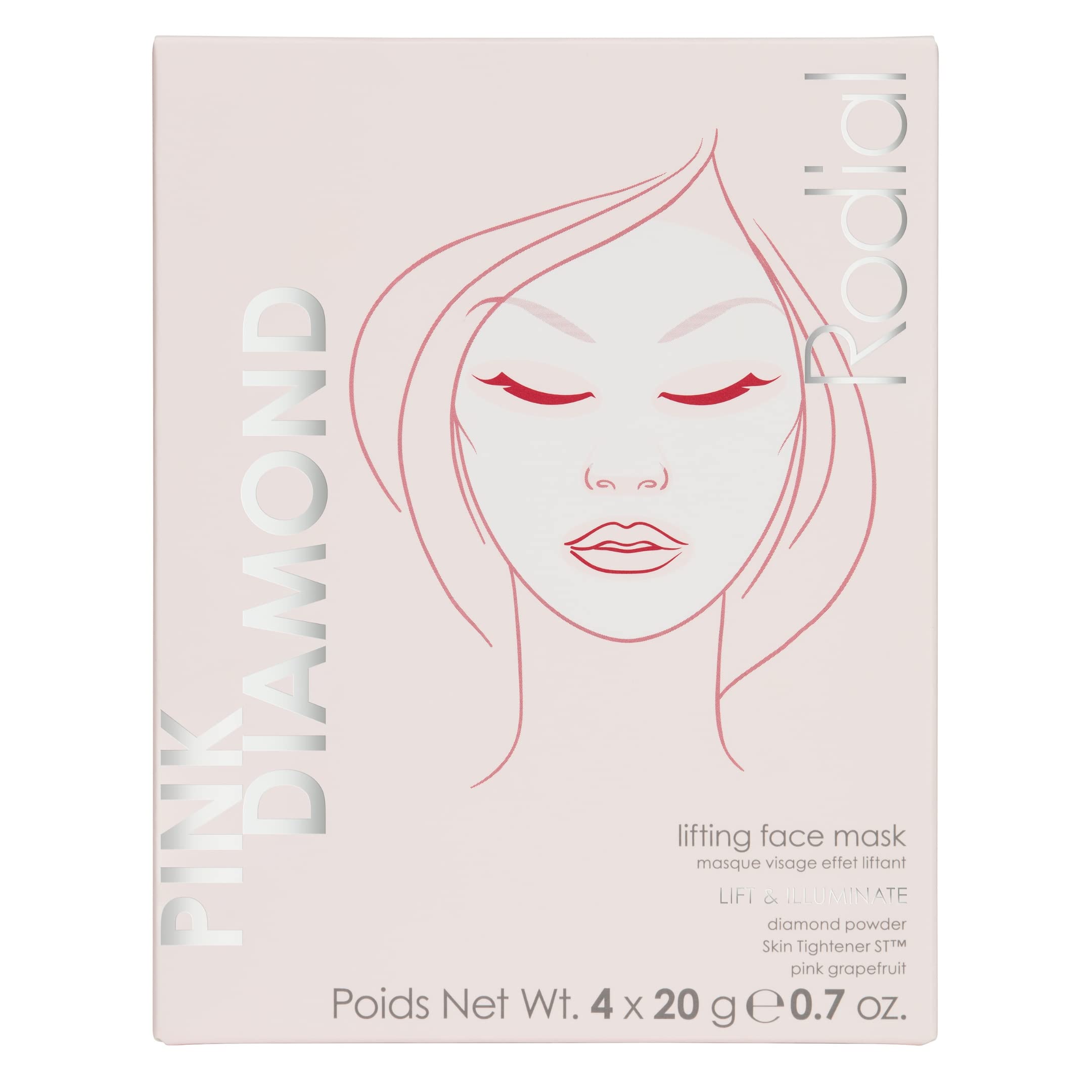 Rodial Pink Diamond Lifting Face Sheet Mask (Box of 4 Sachets), Diamond Powder, Vitamine C, Skin Tightener ST, Deeply Moisturising Sheet Mask, Even Skin Tone, Sheet Mask for Wrinkles and Lines