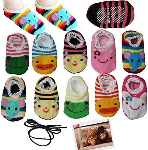 Yaobabymu 10 Pairs Cute Animal Cartoon Unisex Baby Toddler Infants Stripes Anti Slip Skid Socks No-Show Crew Boat Ankle Sock For 6-18 month