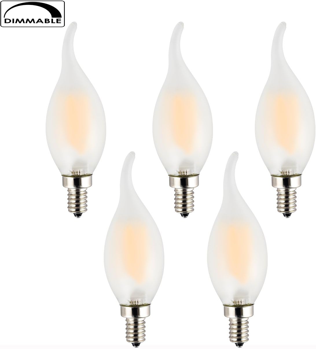 OPALRAY C35 6W-60W Incandescent Equivalent LED Candelabra Bulb, LED Filament Lamp, E12 Small Base, Warm White 2700K, Dimmable, Frosted Glass, Flame Tip, 5-Pack
