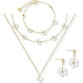 Kysppreu Gold Jewelry Set for Women Dainty 18K Gold Silver Plated Layered Daisy Pearl Flower Choker Necklaces Set Flower Bracelet & Drop Earrings Wedding Jewelry for Christmas Birthday Gifts