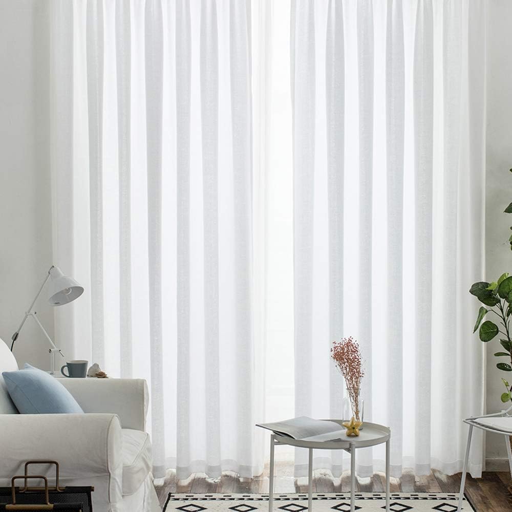 Melodieux Eyelet Curtains, Faux Linen Voile Net Curtains Semi Sheer Ring Top Drapes for Bedroom Living Room, Window (White - Image 3