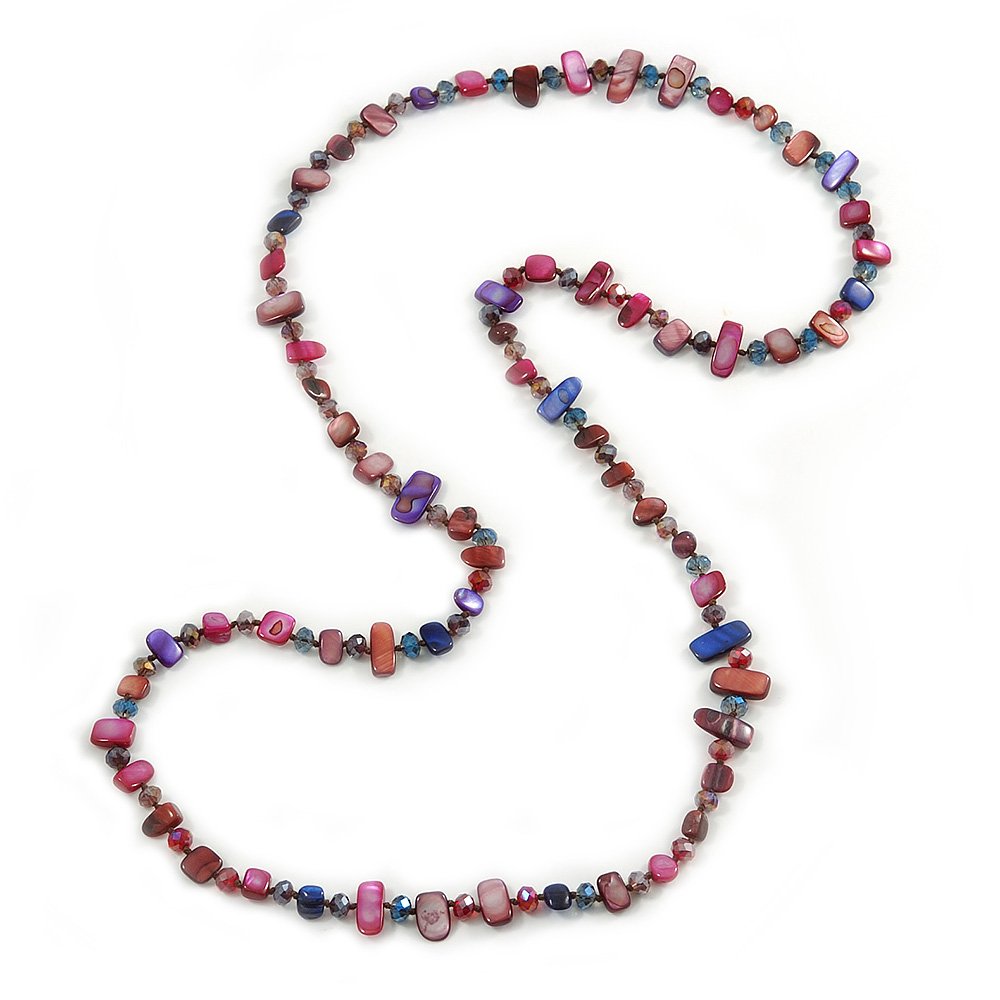 Avalaya Statement Long Multicoloured Shell Nugget and Glass Crystal Bead Necklace (Purple/Blue/Magenta/Plum)/ 116cm Long