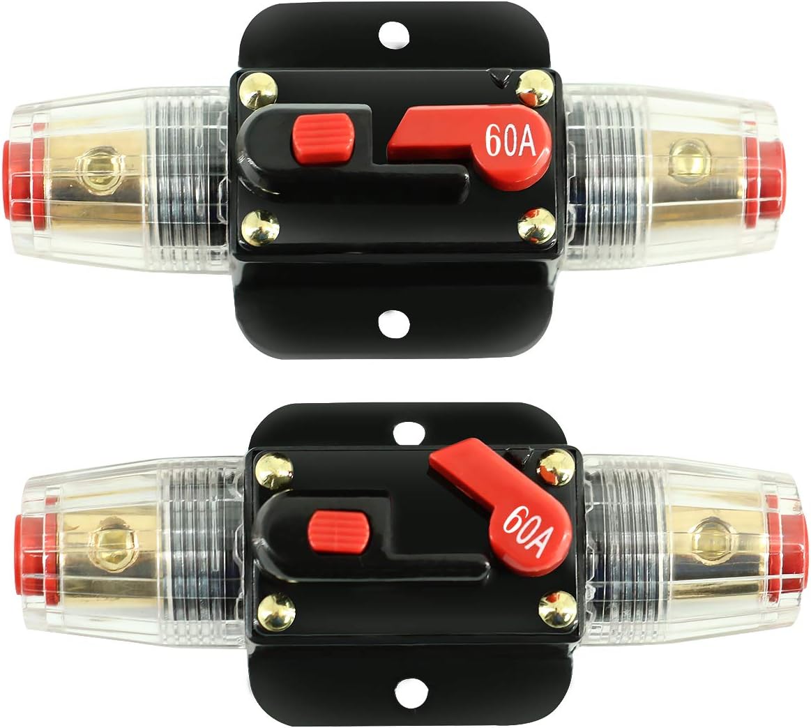 Inline Circuit Breaker Reset Fuse 60A, PowMr Audio Reset Fuse Holder 60 amp 12V/24V DC with Manual Reset for DC Car Audio, Stereo Switch and Solar Inverter System(2 Pack)