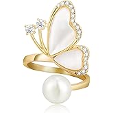 duahappy 18k Gold Plated Cubic Zirconia Pearl Ring, Adjustable Ring, Butterfly Ring, Mom Gift
