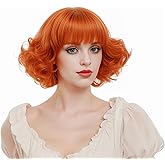 Rugelyss Short Curly Wavy Auburn Copper Red Wig with Bangs Synthetic Ginger Hair Wigs for Women for Cosplay or Party