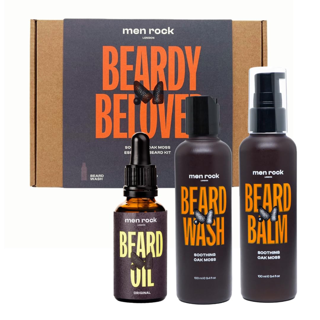 Men Rock Beard Kit with Beard Shampoo, Beard Balm & Beard Oil – Beard Grooming Kit for Men – Luxury Beard Growth Kit & Beard Care Kit for Men – Oak Moss Beard Moisturiser & Beard Softener Gift Set