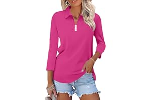 TICTICMISS Womens Tops 3/4 Sleeve Polo Shirts Business Casual V Neck Collared Shirts Basic Tees Blouse