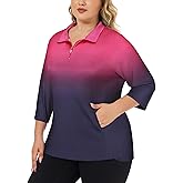 Tanst Sky Plus Size Womens Golf Polo Shirt 3/4 Sleeve Zip Up Workout Tops with Pockets