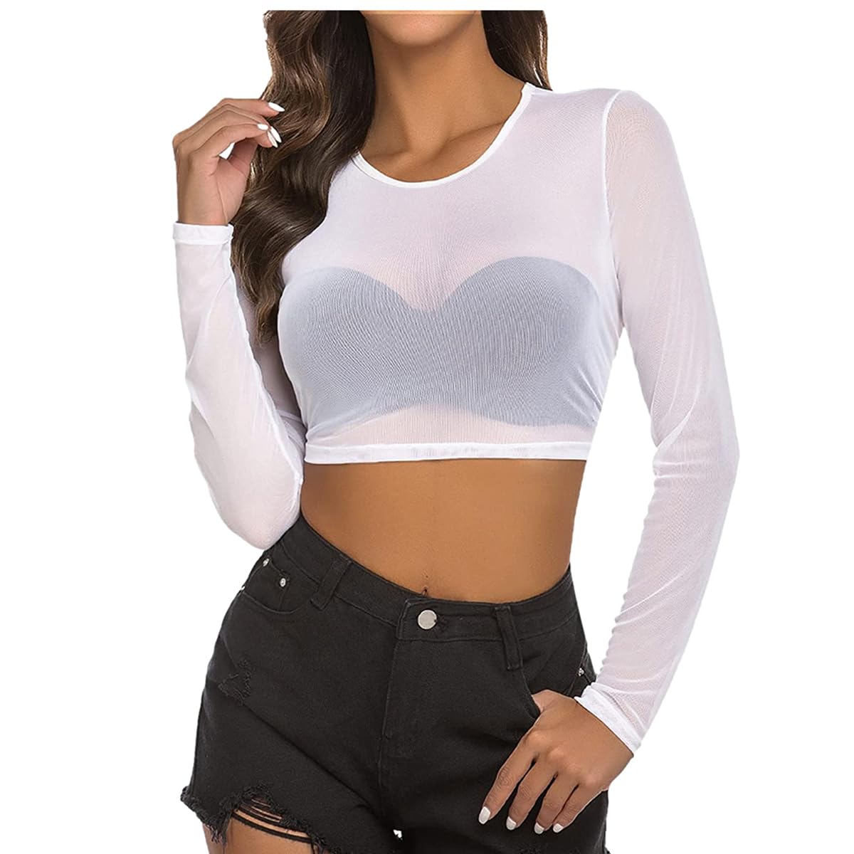 Women's Fishnet Top, Sexy 80s Sheer Fishnet See Through Casual Shirts, Long Sleeve Hollow Out Fishnet Tank Tops Mesh Tight Shirt for Streetwear Disco Retro Halloween Funky Festival Fancy Costumes