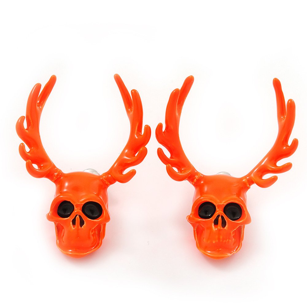 Skull and Antlers Stud Earrings/Neon Orange/ 3.5cm Tall