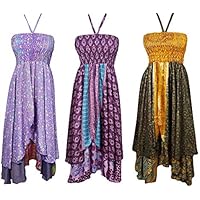 Mogul Interior Womens Halter Dress Recycled Silk Sari Vintage Two Layer Summer Bold Blooms Sundress Wholesale Lot Of 3 Pcs