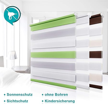 Homland Doppelrollo 90x220/230cm (BxH) Grün-Grau-Weiß Klemmfix Duo Rollo ohne Bohren Easyfix Seitenzugrollo lichtdurchlässig 