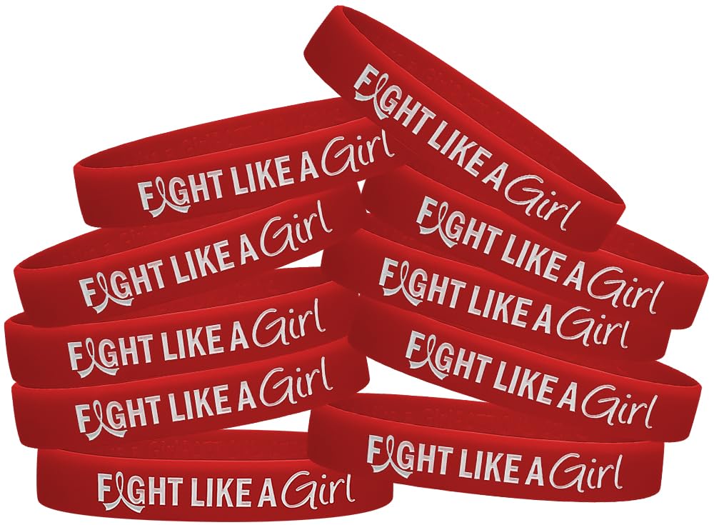 Fight Like a Girl Hybrid Silicone Wristband for Heart Disease, HIV/AIDS, Blood Cancer Awareness - Red (10 Pack)