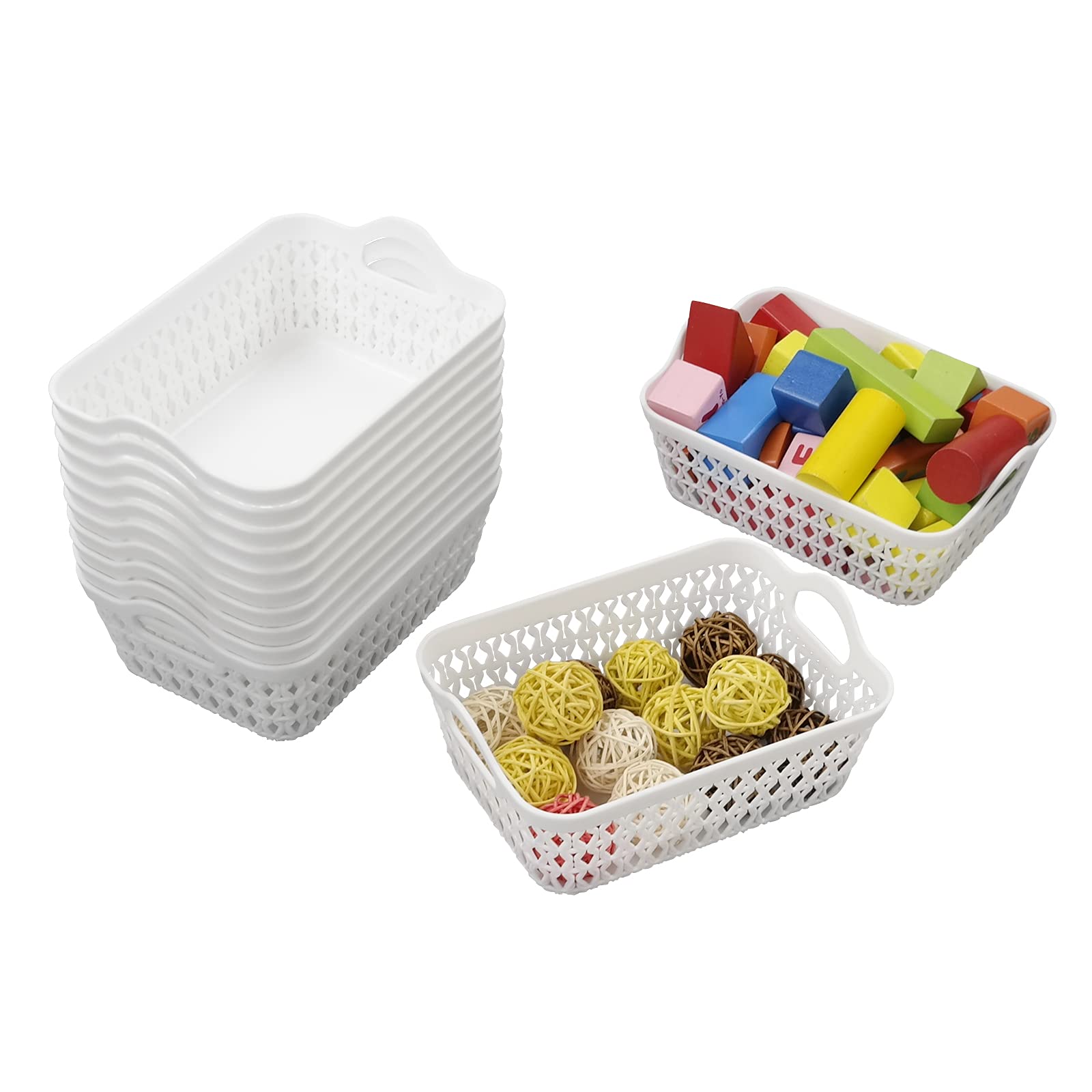 Qqbine Kitchen Plastic Storage Baskets with Handles, Desktop Weave Storage Baskets, White, 12 Packs