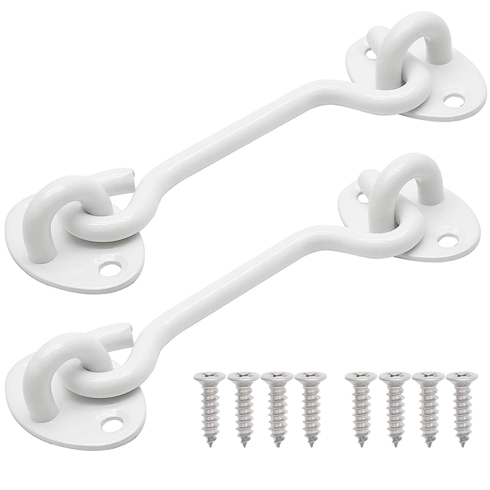 2pcs White Cabin Hooks 8 Inch, Stainless Steel Gate Hook Lock, Solid Barn Door Hook for Door Gate Shed Window Closet with Mounting Screws (8inch)