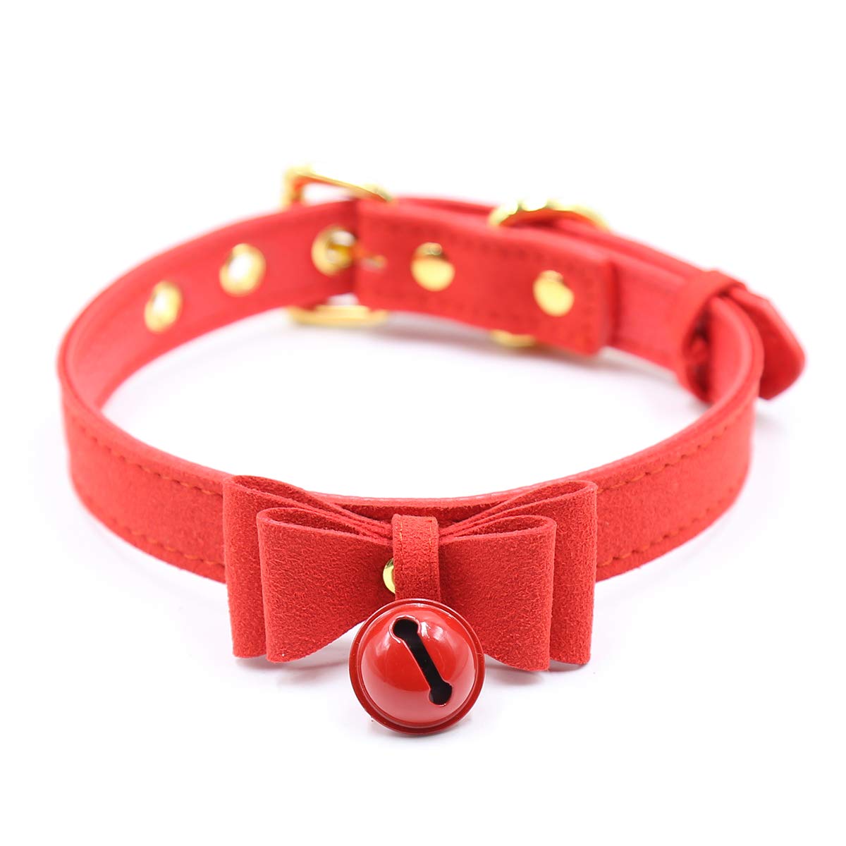 Bell Choker Collar Necklace Lolita Bow Collar Cat Kitty Velvet Necklace, 19.5 inches, Leather